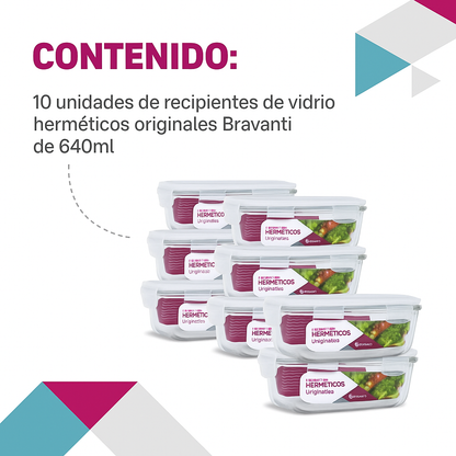 Kit 10 Recipientes de Vidrio Herméticos 640ml
